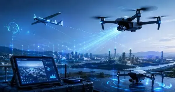 UAV drone using 5G NR for low-latency telemetry and high-resolution video transmission.