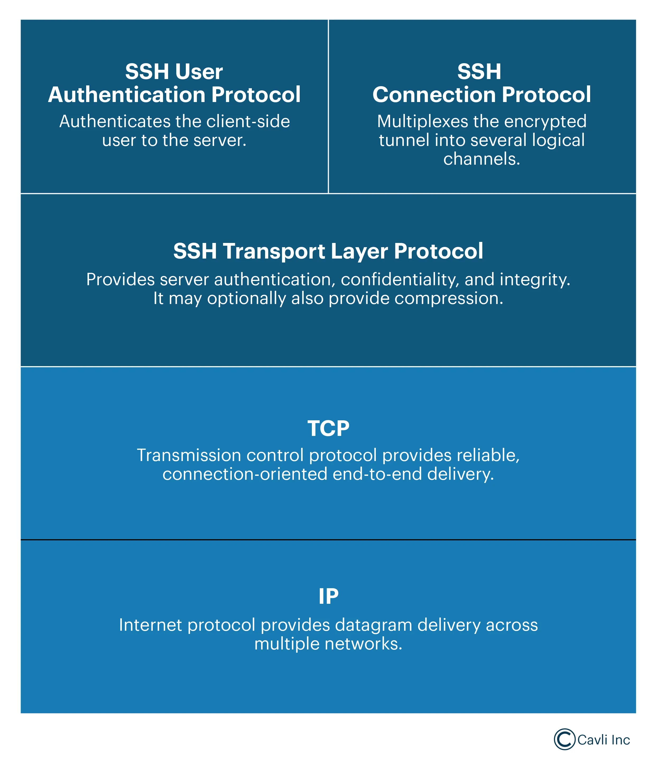 layered model of the SSH (Secure Shell) protocol stack in Dropbear
