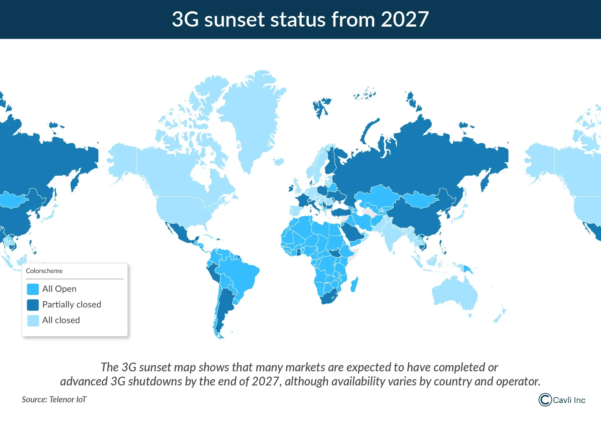 global 3g sunset status map from 2027 showing countries where networks are all open, partially closed, or all closed